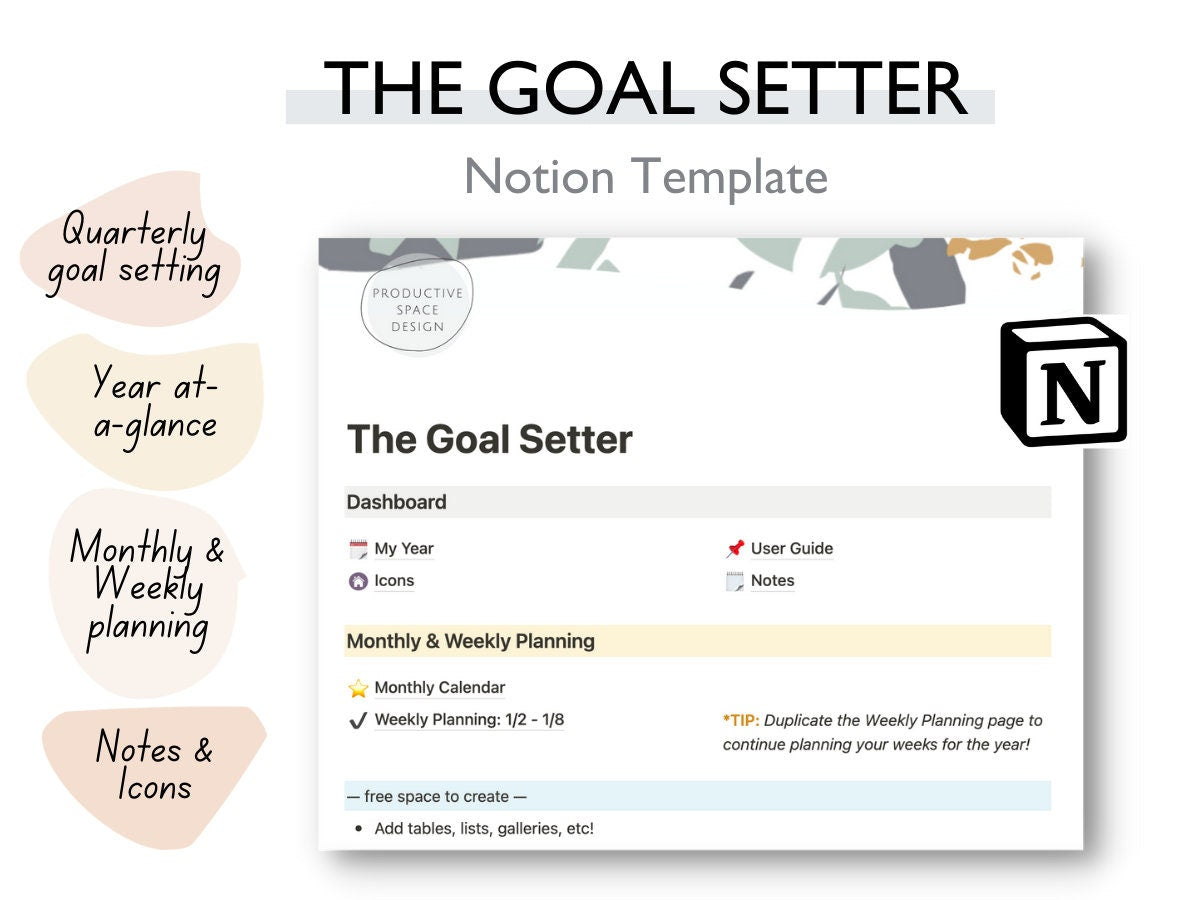 Notion Template: The Goal Setter Digital Planner Set - Simple Monthly, Weekly Planning & Notion Icons